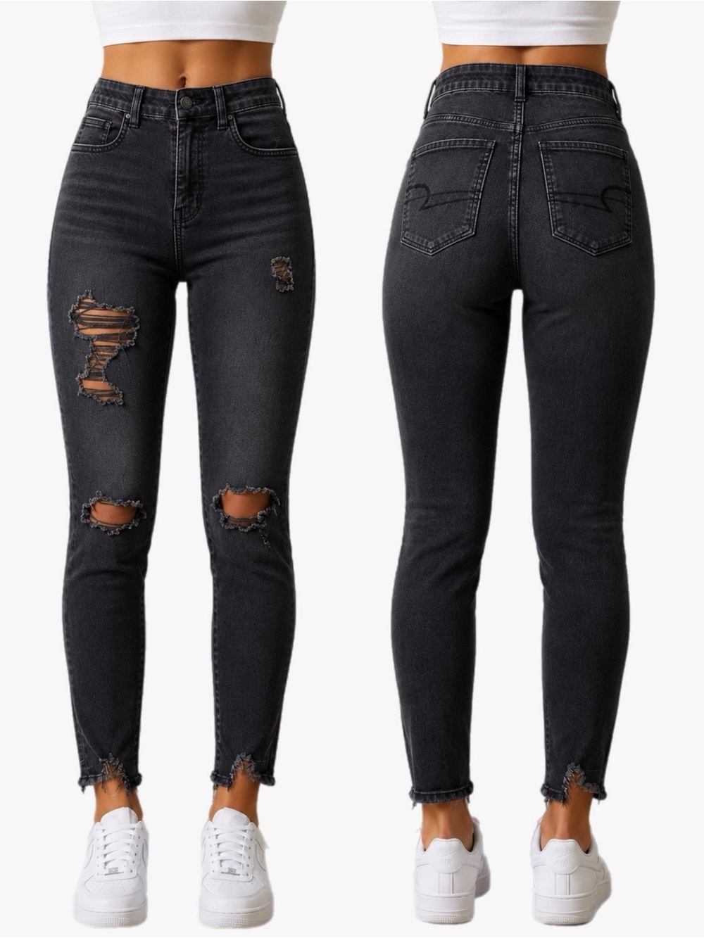 American Eagle The Dream Jean Curvy Super High Rise Jegging Black Distressed